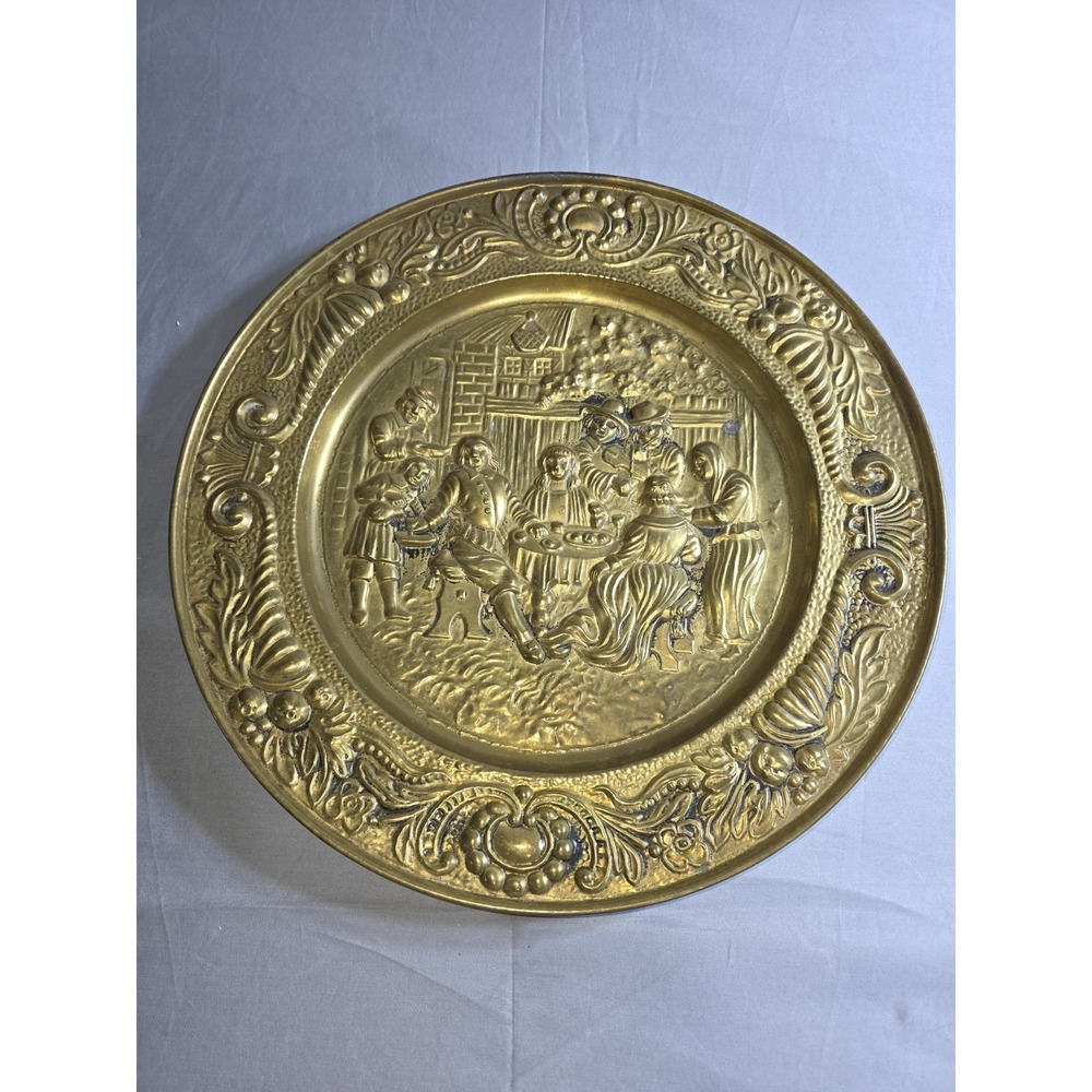 Vintage Brass Tavern Scene Wall Hanging Plate Embossed Repousse Pub Decor 14in